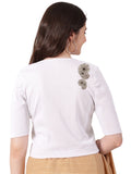Women Stretchable Rib Square Neck Puff Sleeve Blouse Back Print U0248 White