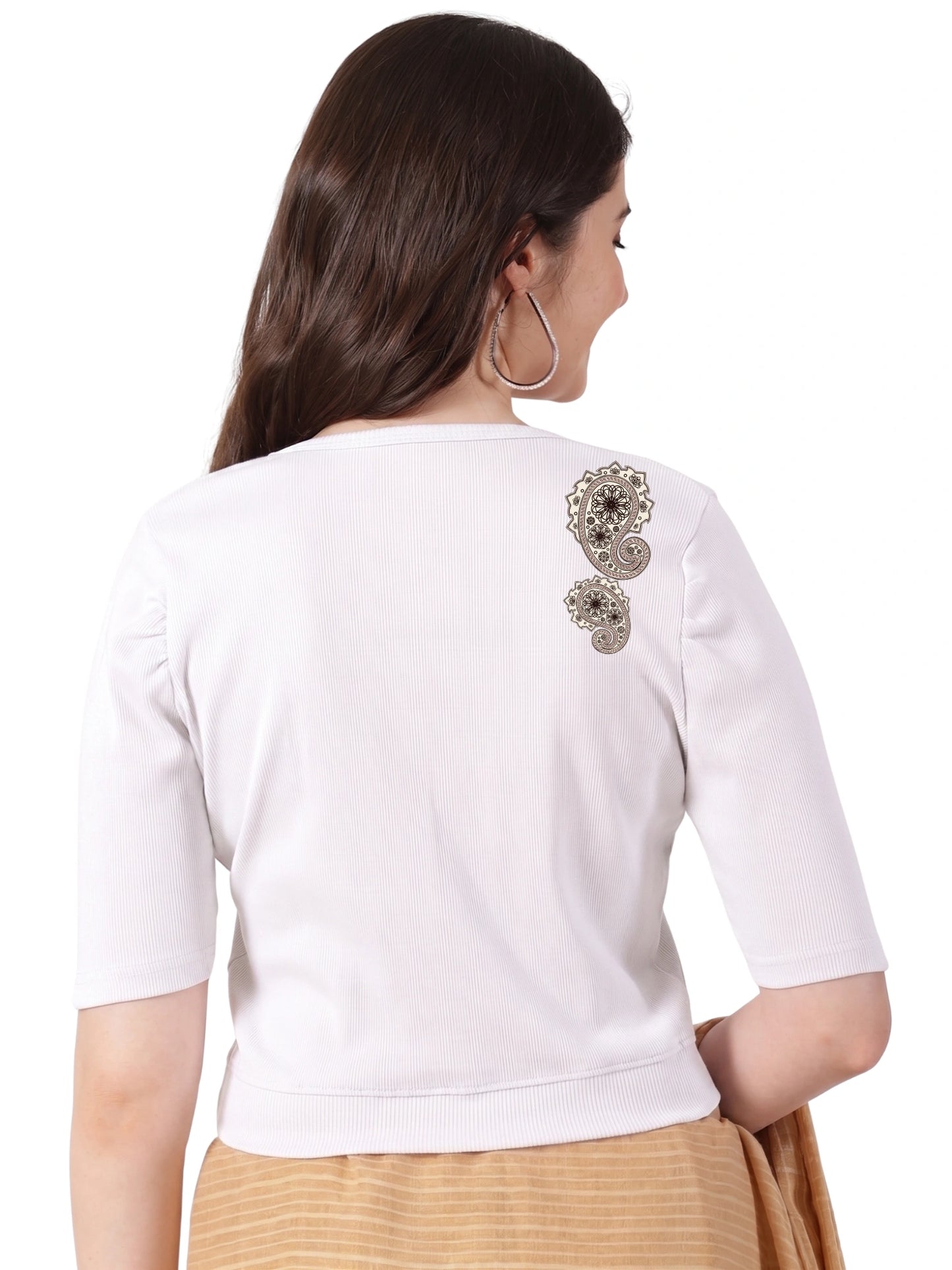 Women Stretchable Rib Square Neck Puff Sleeve Blouse Back Print U0248 White