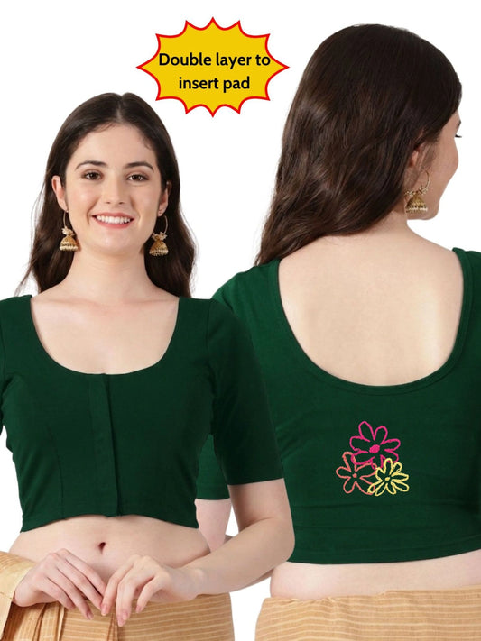 DIY Embroidery Kit with Women Front Open Stretchable Half Sleeve Blouse E06– Bottle Green