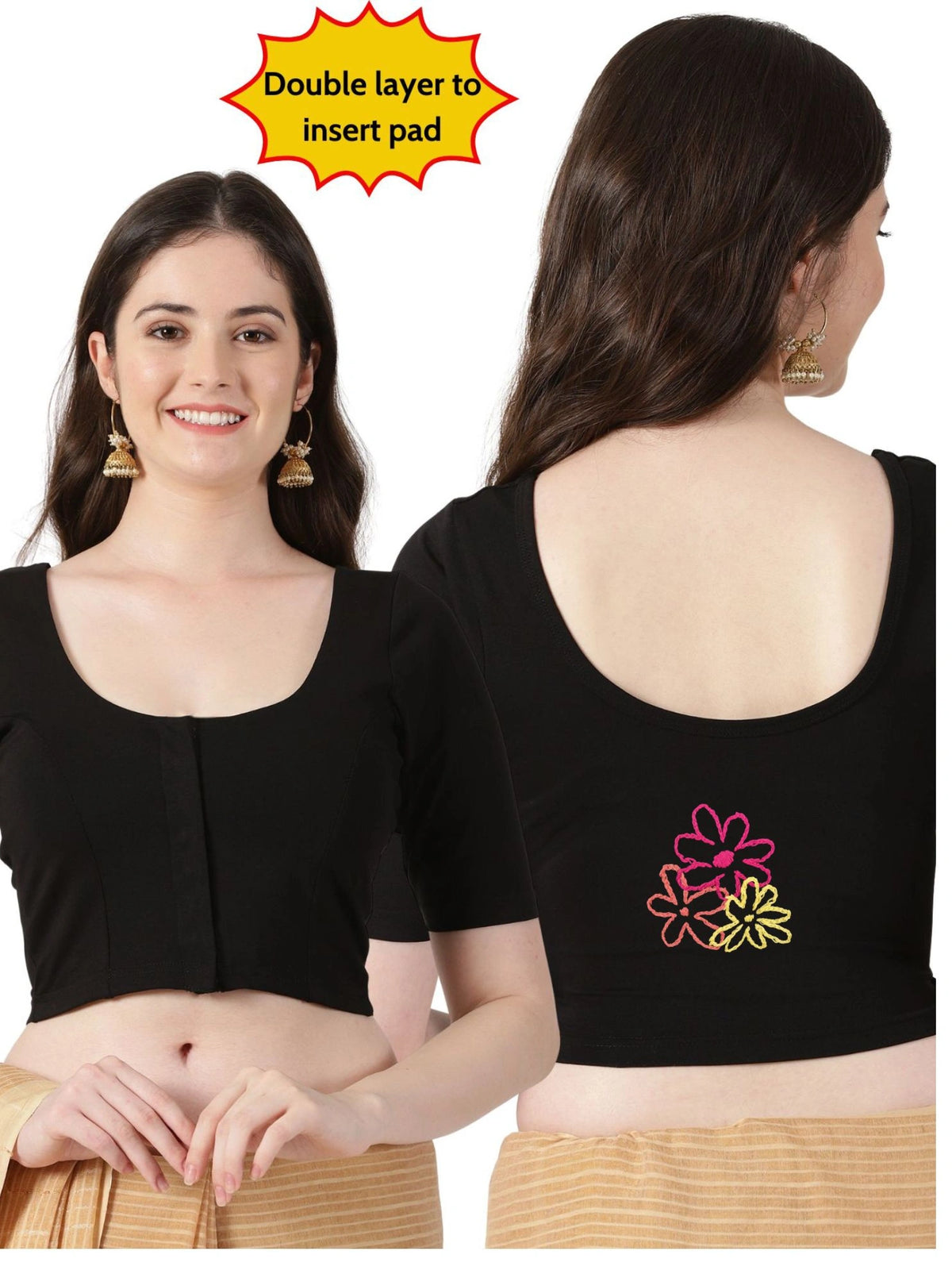 DIY Embroidery Kit with Women Front Open Stretchable Half Sleeve Blouse E06 – Black