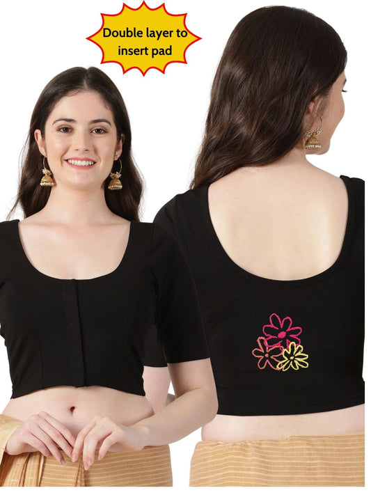 DIY Embroidery Kit with Women Front Open Stretchable Half Sleeve Blouse E06 – Black