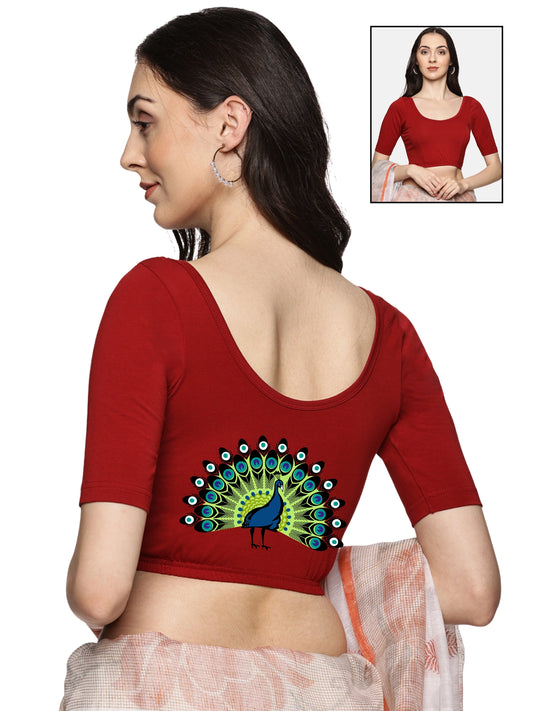 Women Back Printed Stretchable  Half Sleeve Blouse U0143 Brick Red
