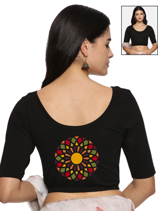 Women Back Printed Stretchable Half Sleeve Blouse U0144 Black