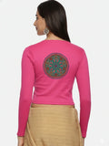 Women Back Printed Stretchable Full Sleeve V Neck RIB Blouse U0188 Rani Pink