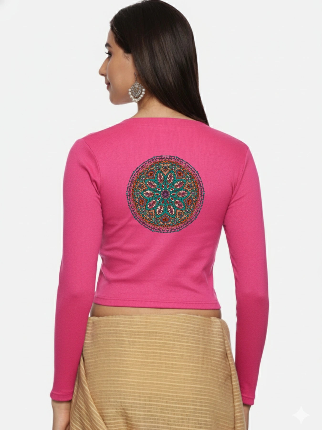 Women Back Printed Stretchable Full Sleeve V Neck RIB Blouse U0188