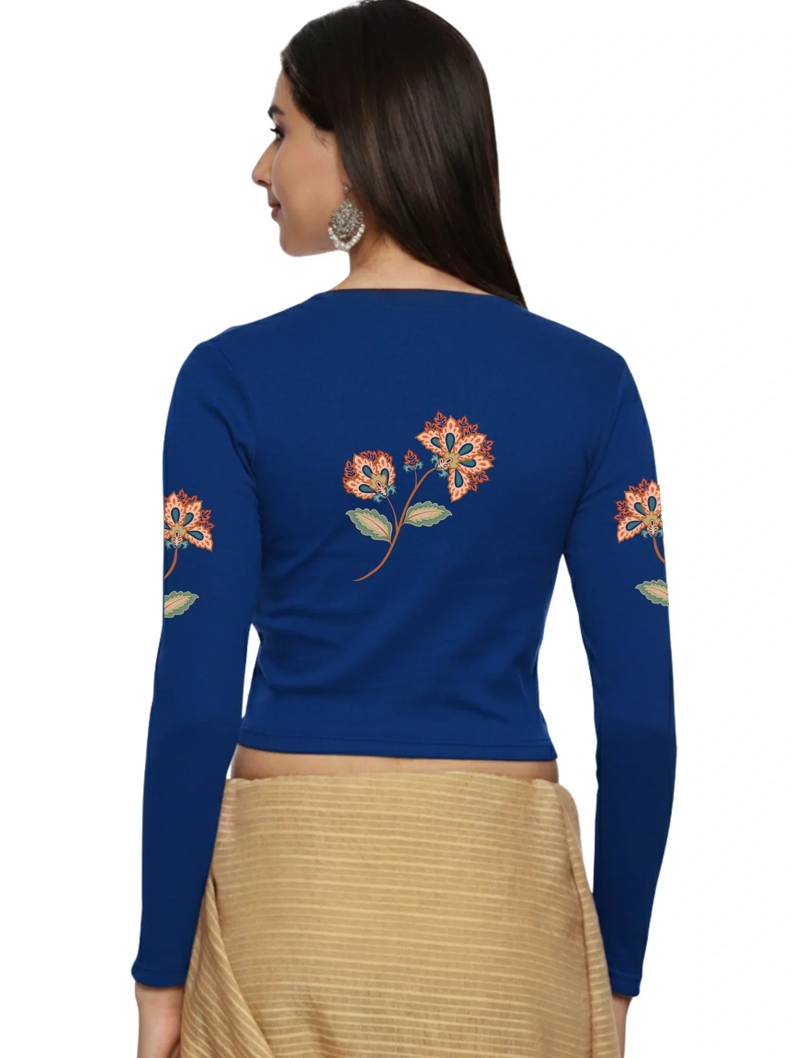 Women Back Printed Stretchable Full Sleeve V Neck RIB Blouse U0211 - notyetbyus