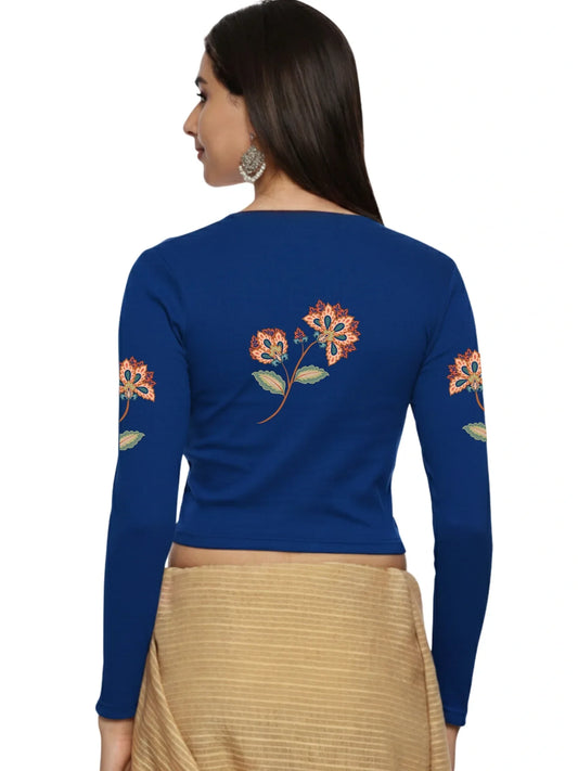 Women Back Printed Stretchable Full Sleeve V Neck RIB Blouse U0211 - notyetbyus