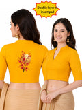 Women Mandarin Collar Back Gold Printed Stretchable Elbow Sleeve Blouse M0278 Golden Yellow