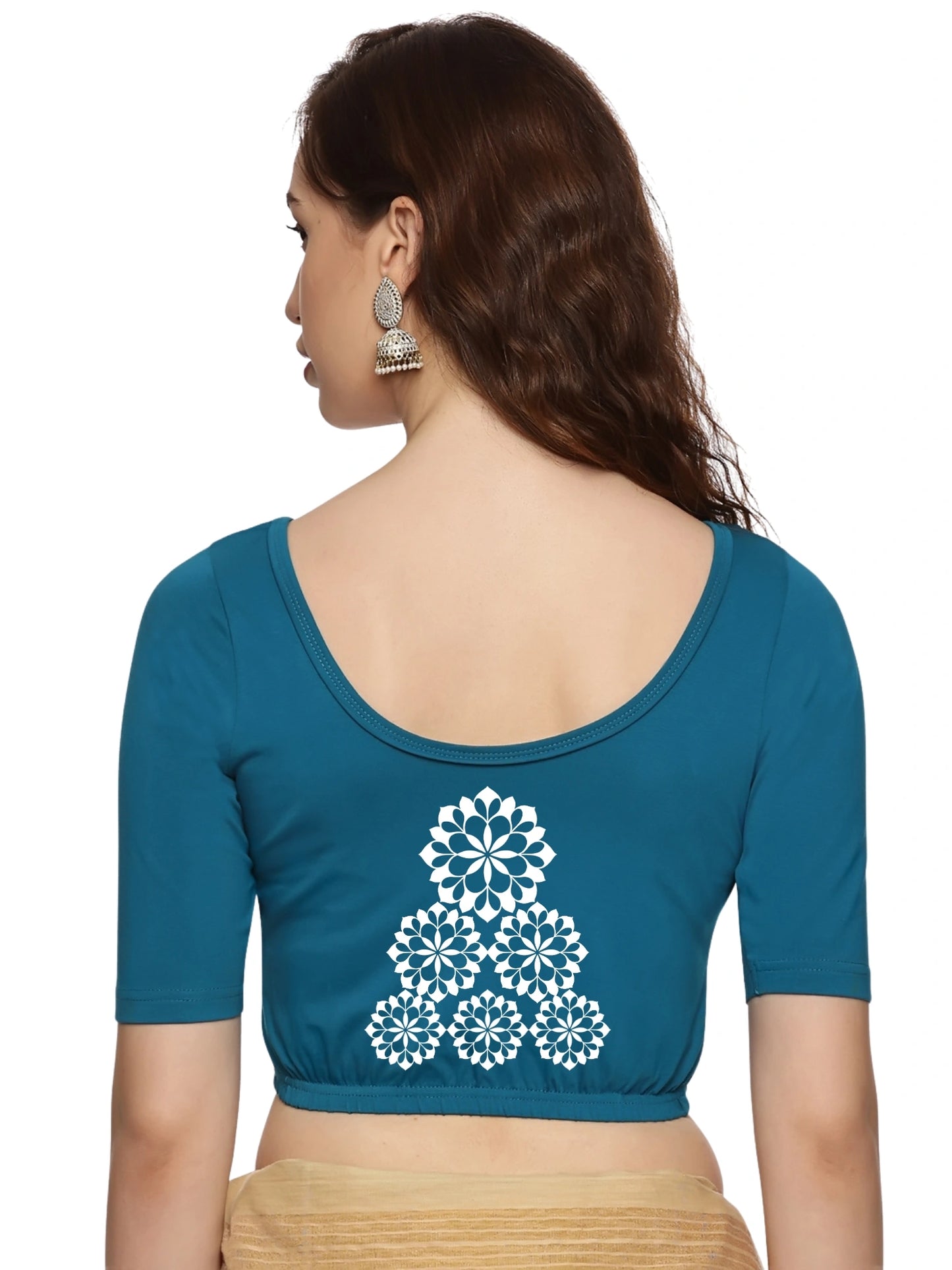 Women Back Printed Stretchable Half Sleeve Blouse U0224 Peacock