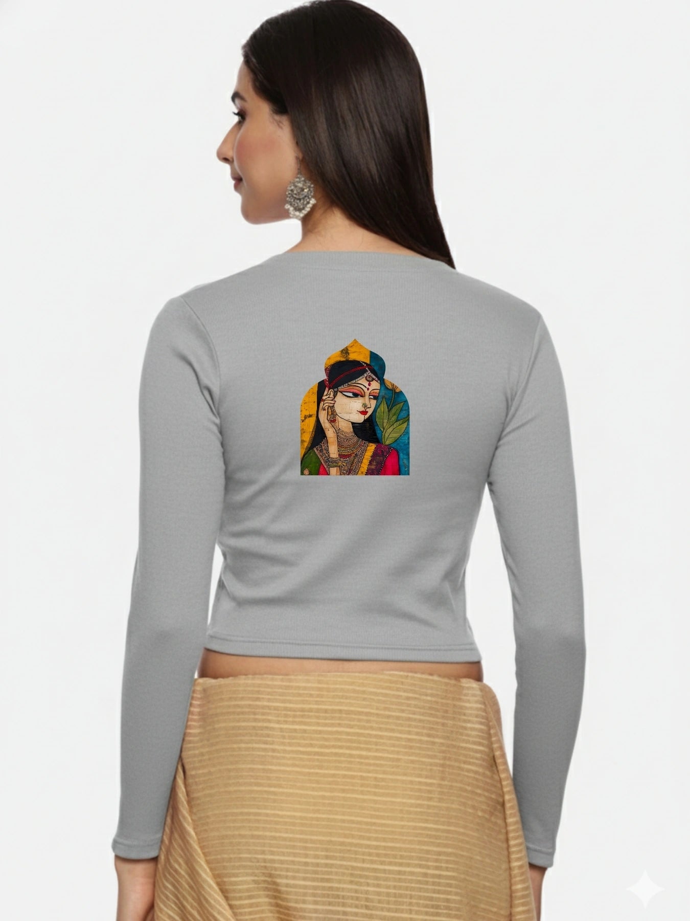 Women Back Printed Stretchable Full Sleeve V Neck RIB Blouse U0185