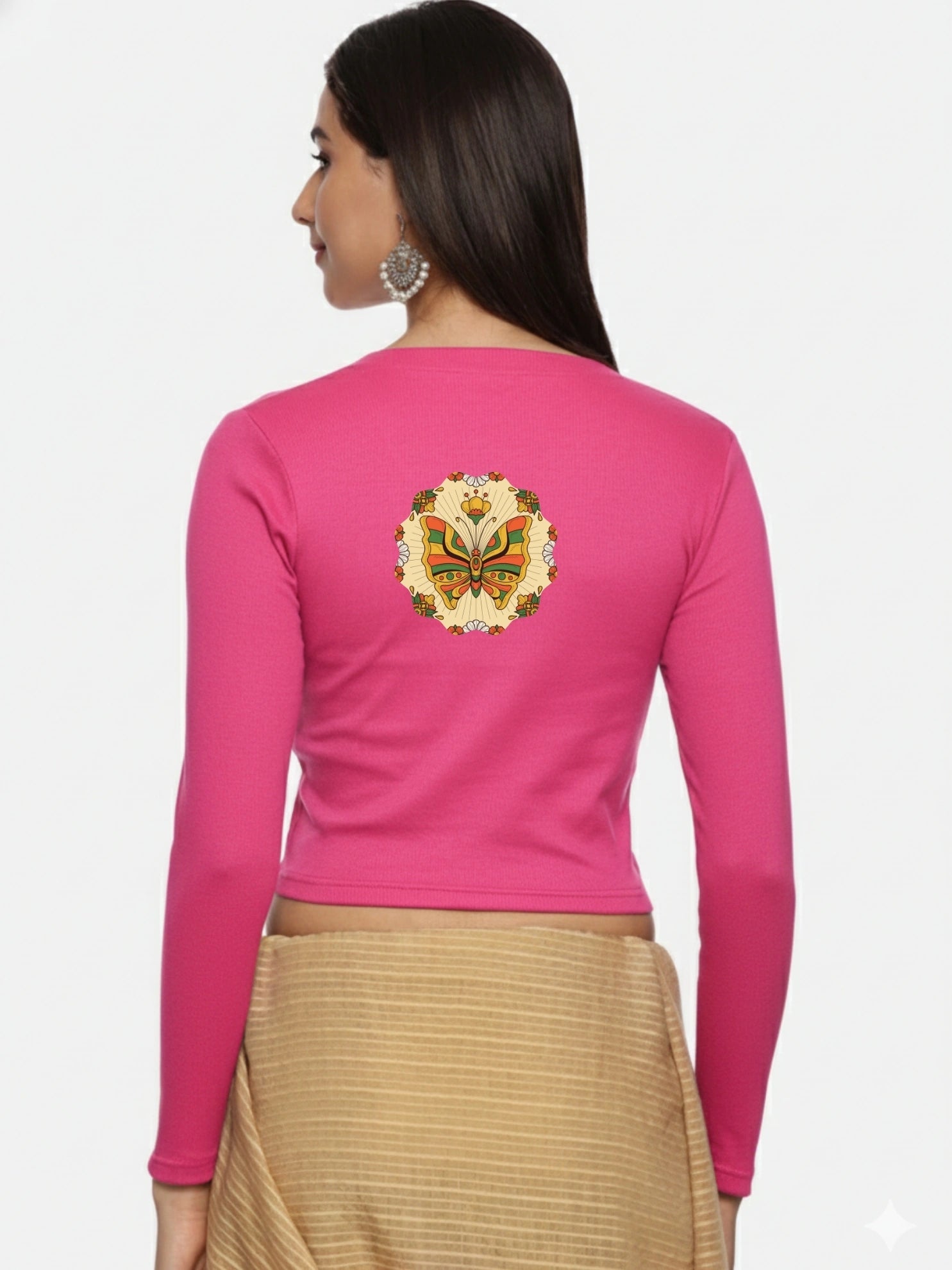 Women Back Printed Stretchable Full Sleeve V Neck RIB Blouse U0184