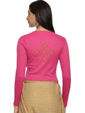 Women Back Printed Stretchable Full Sleeve V Neck RIB Blouse U0215 Rani Pink