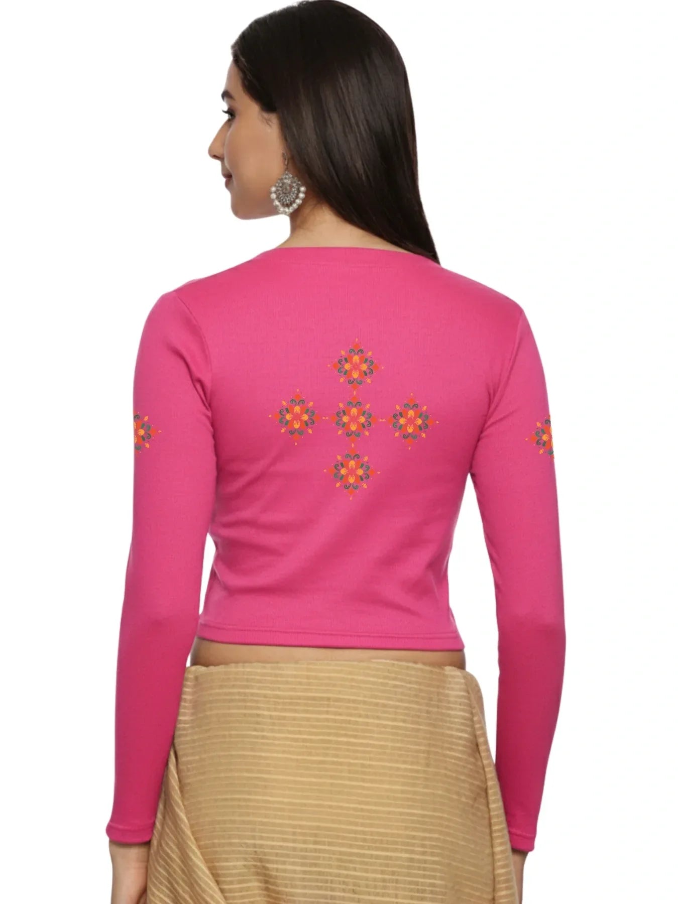 Women Back Printed Stretchable Full Sleeve V Neck RIB Blouse U0215 - notyetbyus