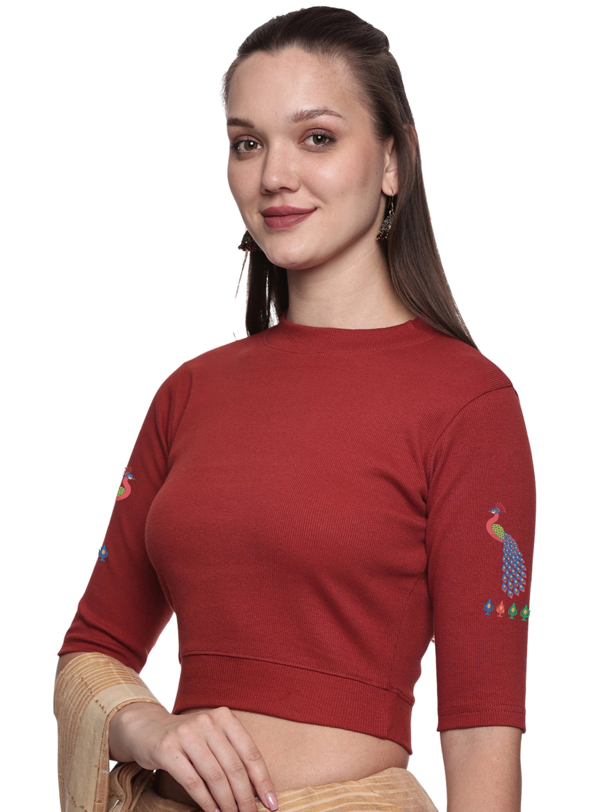 Women Back Printed Stretchable Elbow Sleeve RIB Blouse U0254 Terracotta Red