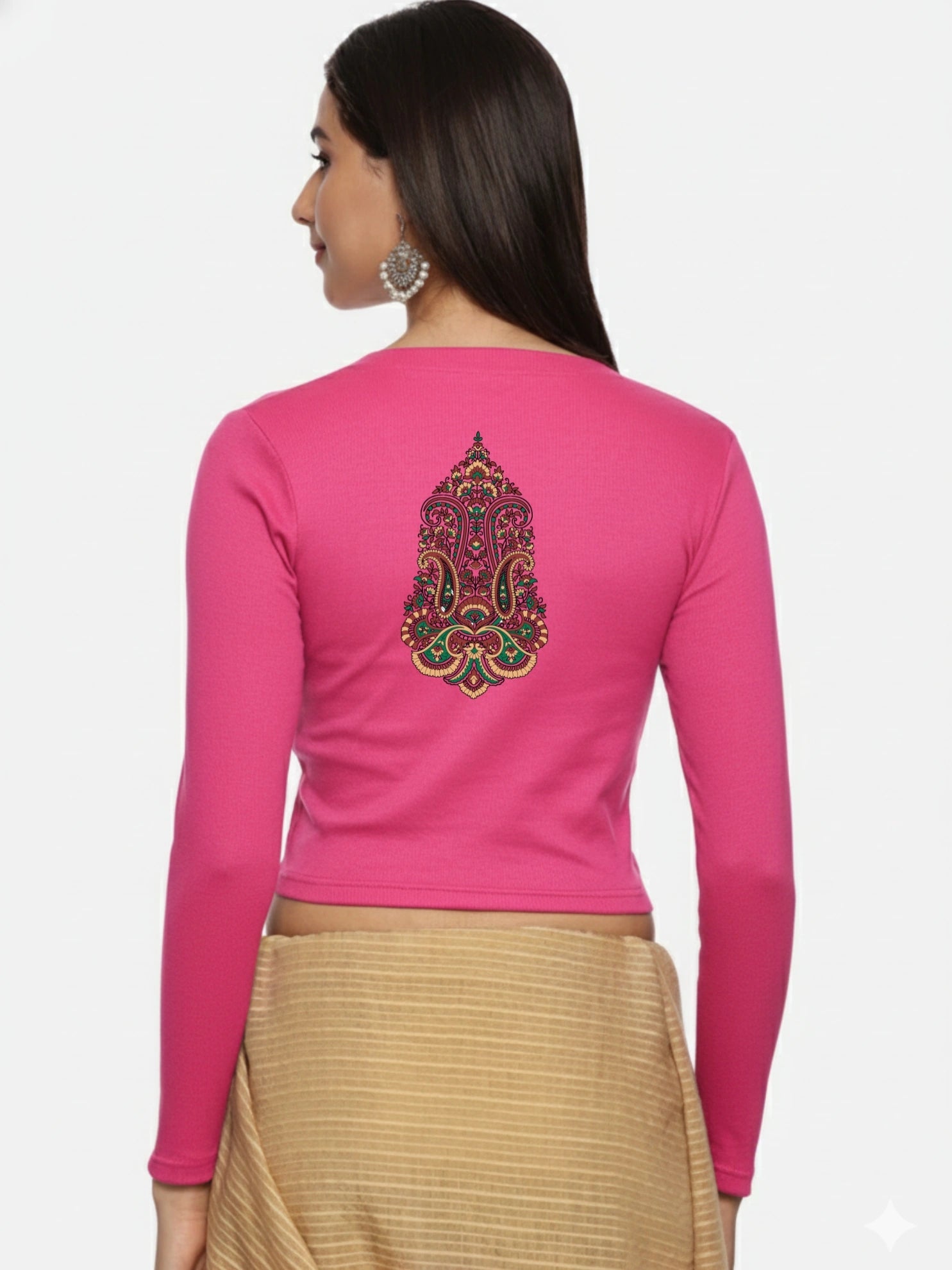 Women Back Printed Stretchable Full Sleeve V Neck RIB Blouse U0190