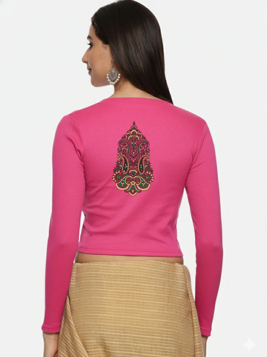 Women Back Printed Stretchable Full Sleeve V Neck RIB Blouse U0190 - notyetbyus