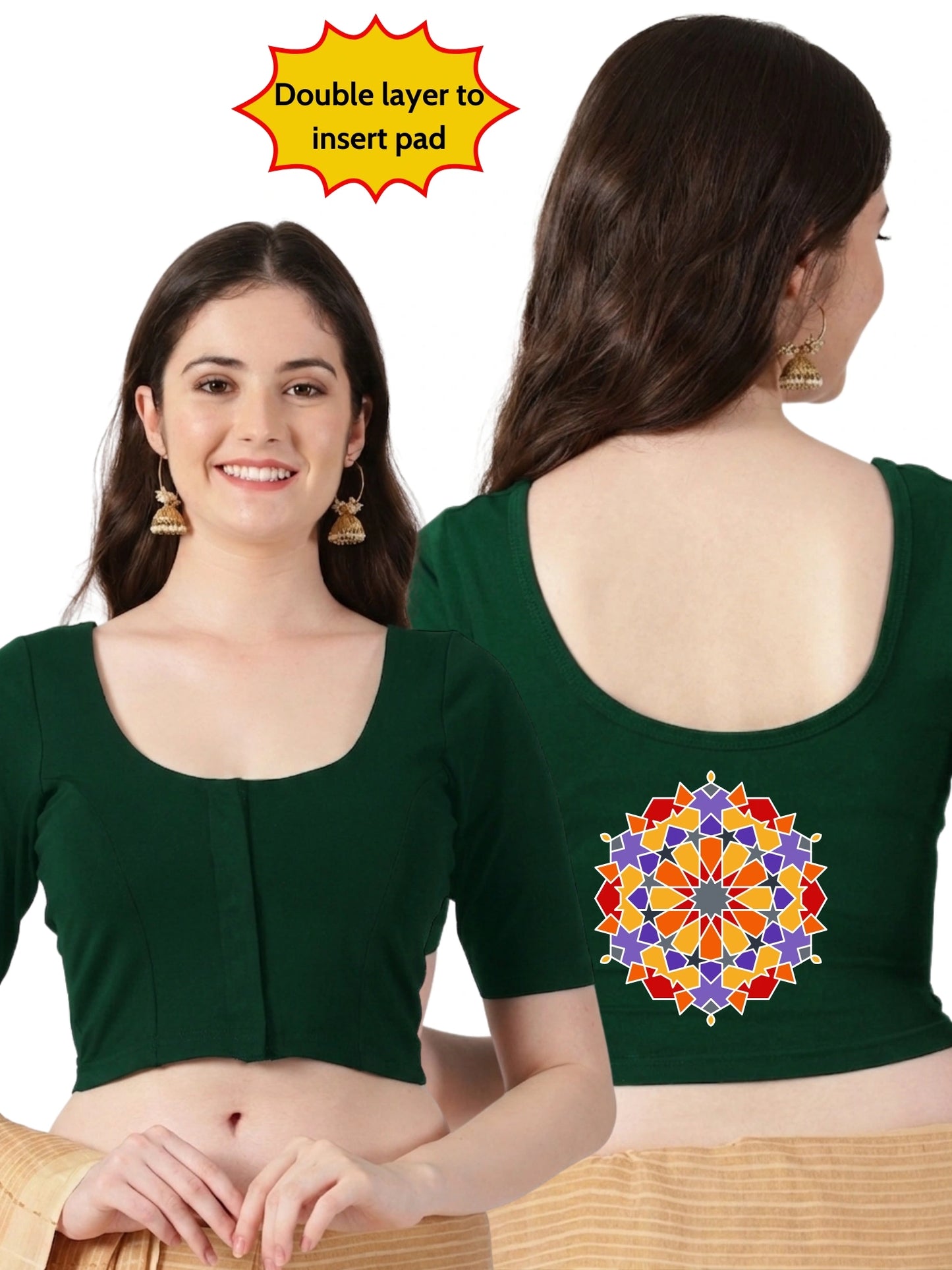 Women Front Open Back Printed Stretchable Half Sleeve Blouse U0266 Bottle Green