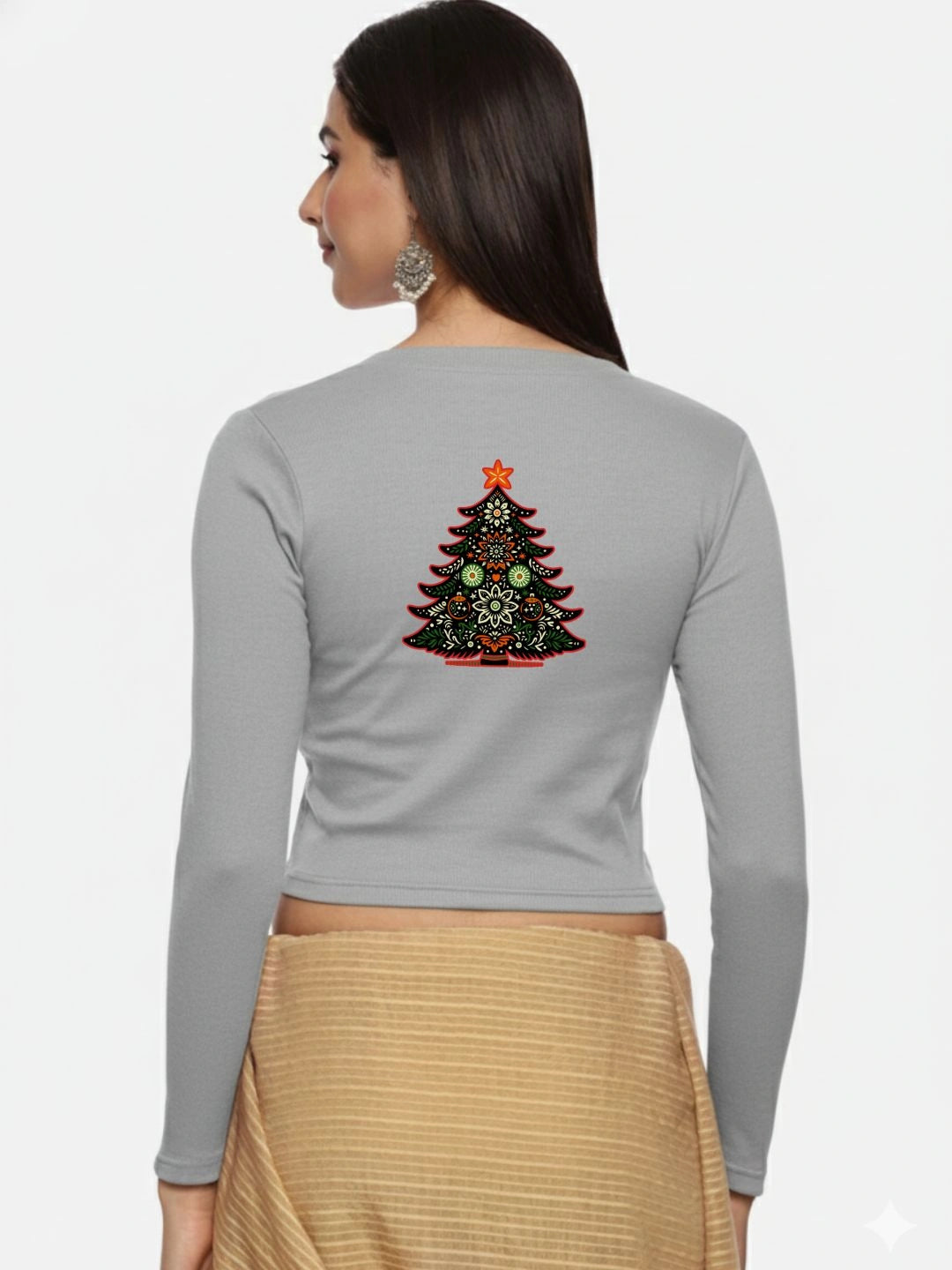 Women Back Printed Stretchable Full Sleeve V Neck RIB Blouse U0192