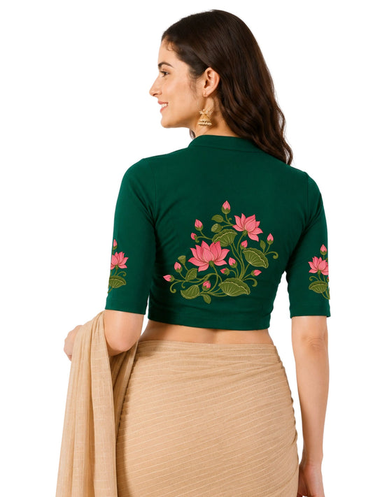 Women Mandarin Collar Back Printed Stretchable Elbow Sleeve Blouse U0273 Bottle Green