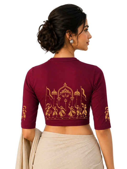 Women Mandarin Collar Back Printed Stretchable Elbow Sleeve Blouse U0272 Maroon