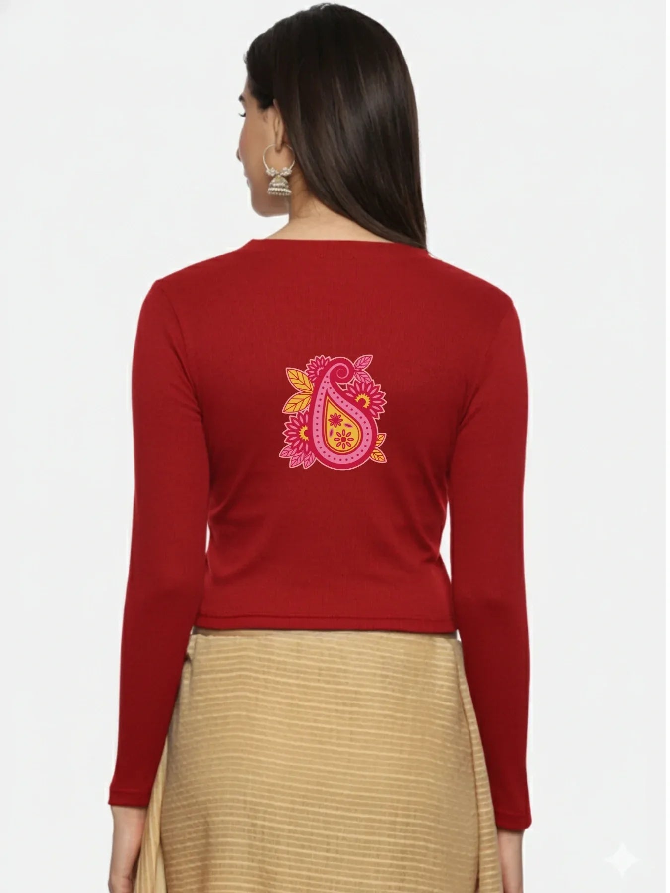 Women Back Printed Stretchable Full Sleeve V Neck RIB Blouse U0218 - notyetbyus