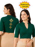 Women Mandarin Collar Back Gold Printed Stretchable Elbow Sleeve Blouse M0275 Bottle Green