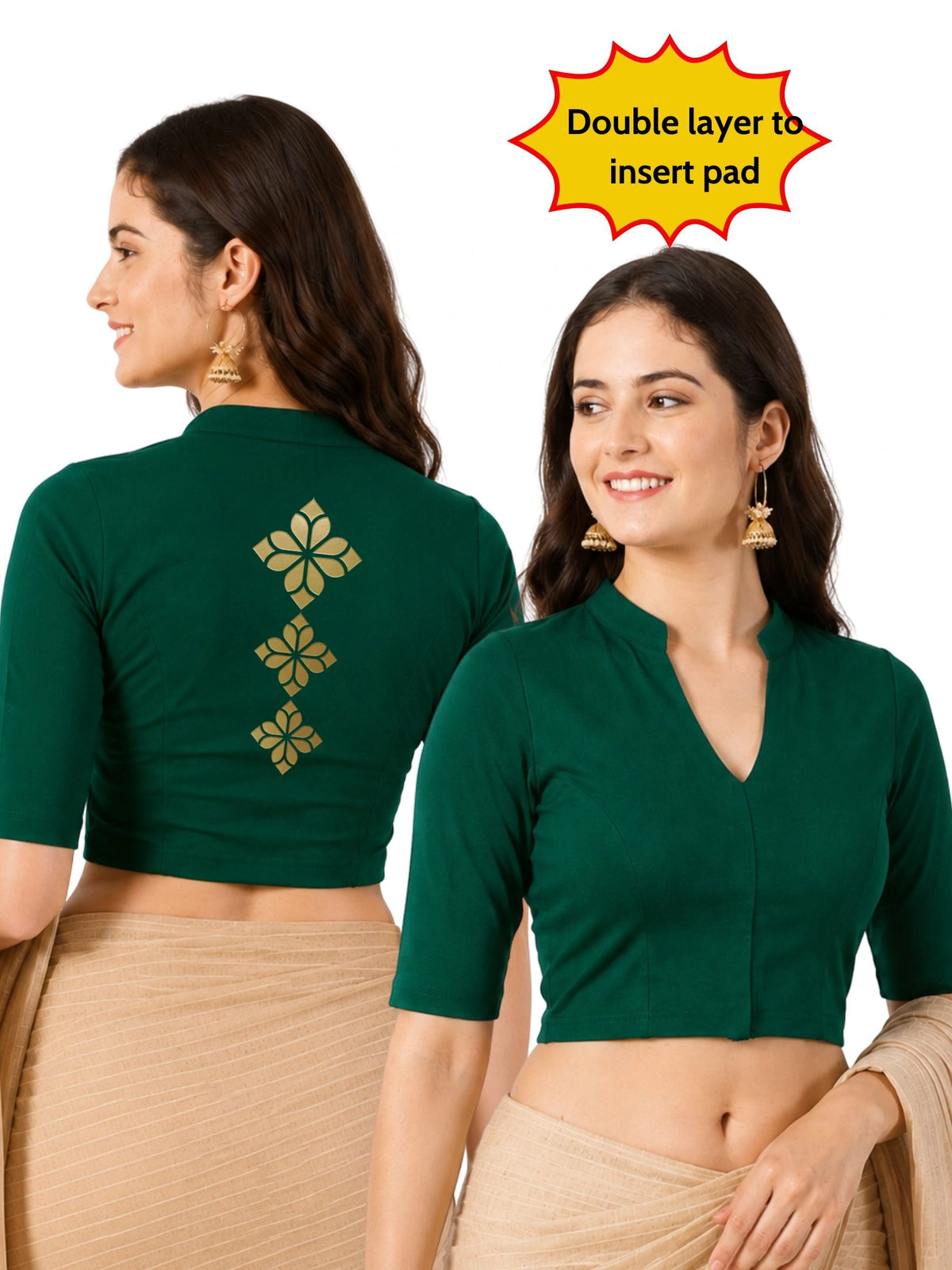 Women Mandarin Collar Back Gold Printed Stretchable Elbow Sleeve Blouse M0275 Bottle Green
