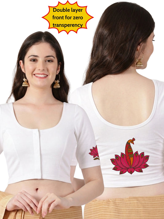 Women Front Open Back Printed Stretchable Half Sleeve Blouse U0259 White