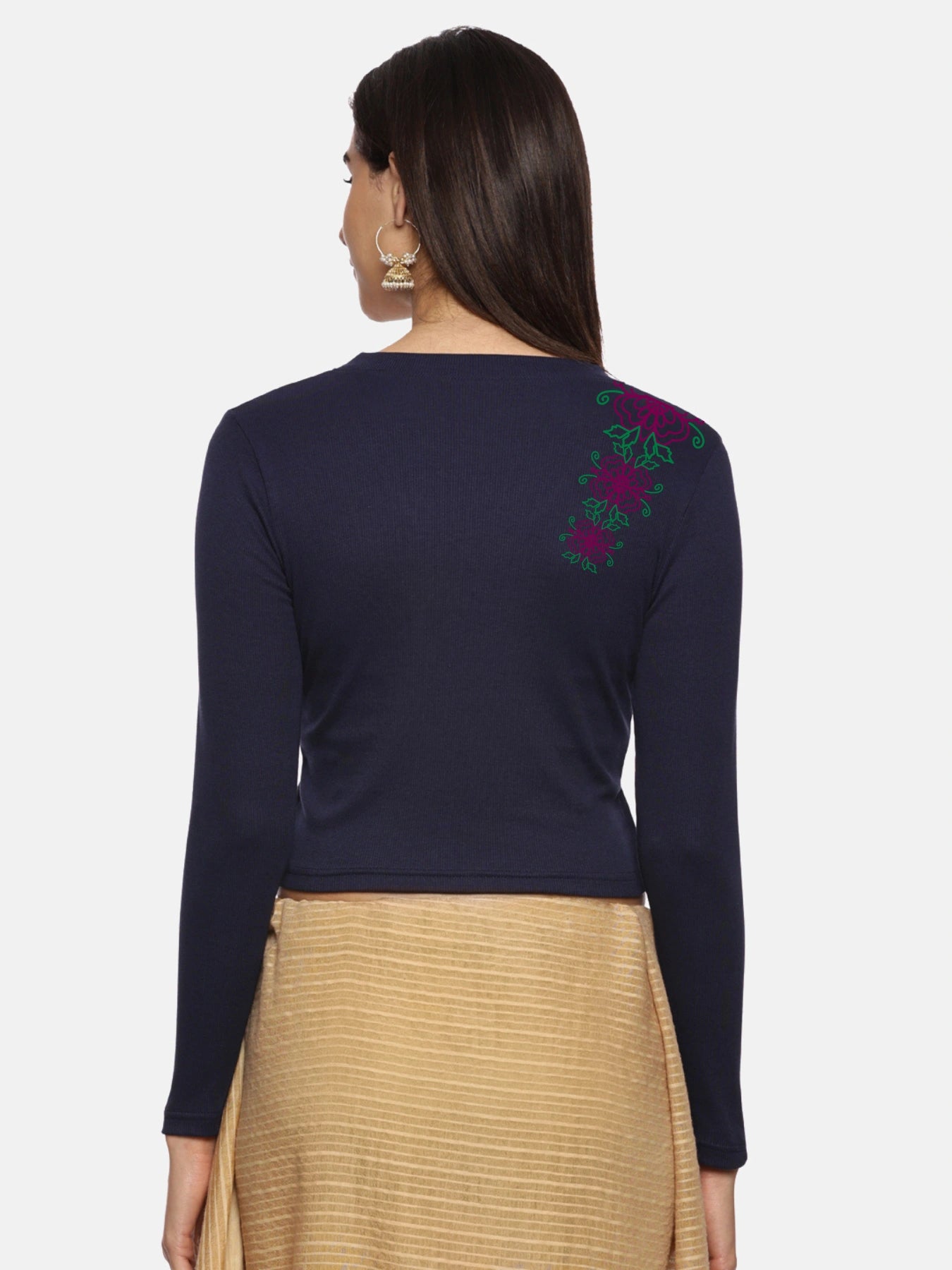 Women Back Printed Stretchable Full Sleeve V Neck RIB Blouse U0212 Navy