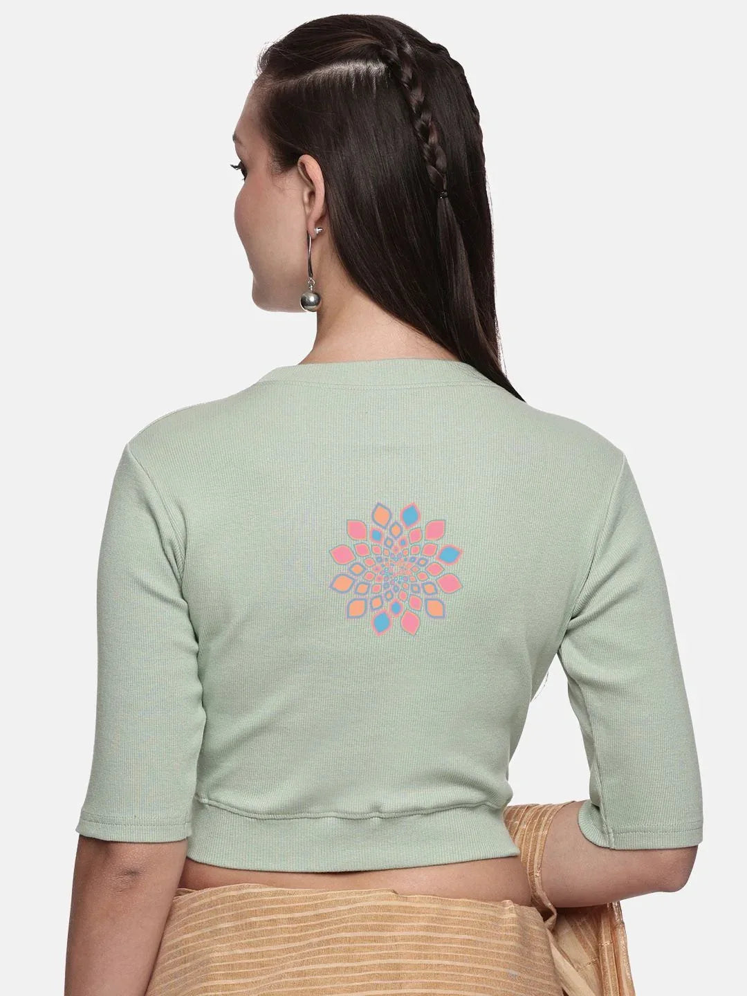 Women Back Printed Stretchable Elbow Sleeve RIB Blouse U0168 - notyetbyus