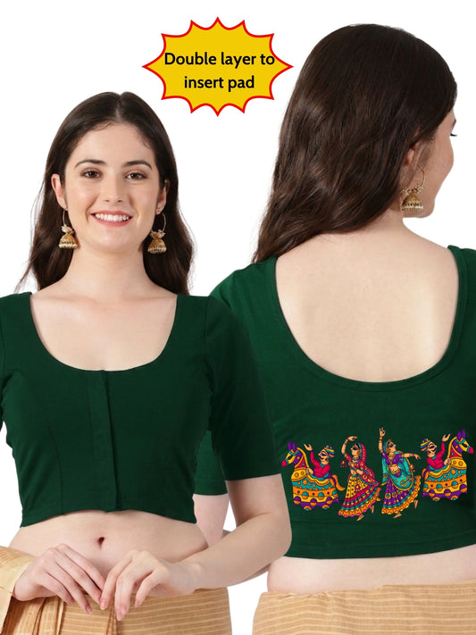 Women Front Open Back Printed Stretchable Half Sleeve Blouse U0260 Bottle Green