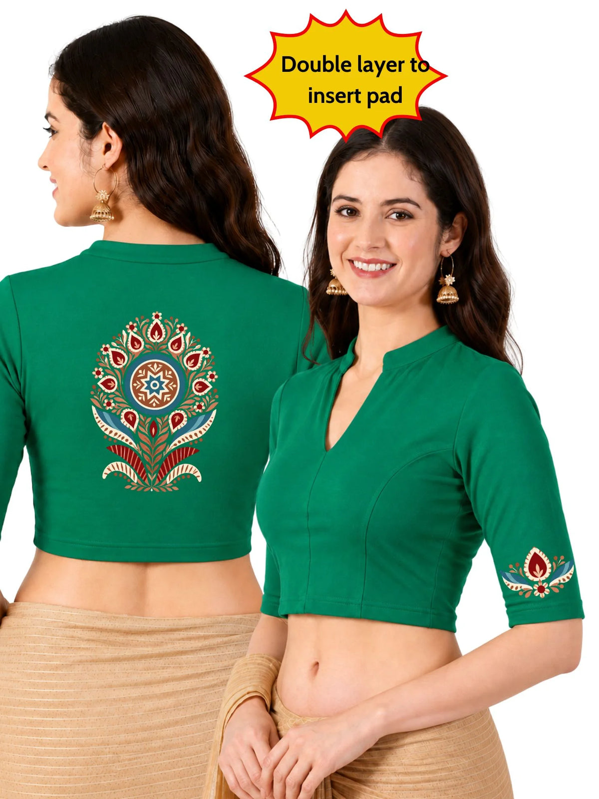 Women Mandarin Collar Back Printed Stretchable Elbow Sleeve Blouse U0280 Emerald Green