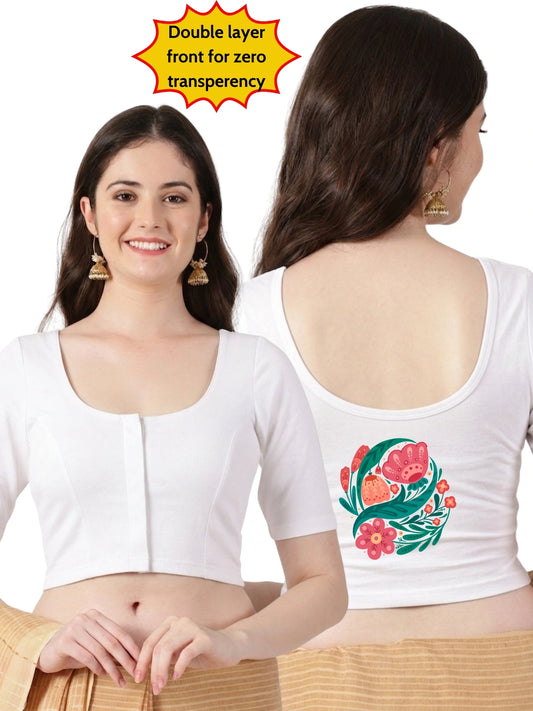 Women Front Open Back Printed Stretchable Half Sleeve Blouse U0265 White