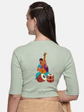 Women Back Printed Stretchable Elbow Sleeve RIB Blouse U0172 Sage Green