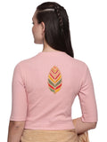 Women Back Printed Stretchable Elbow Sleeve RIB Blouse U0252 Blush Pink