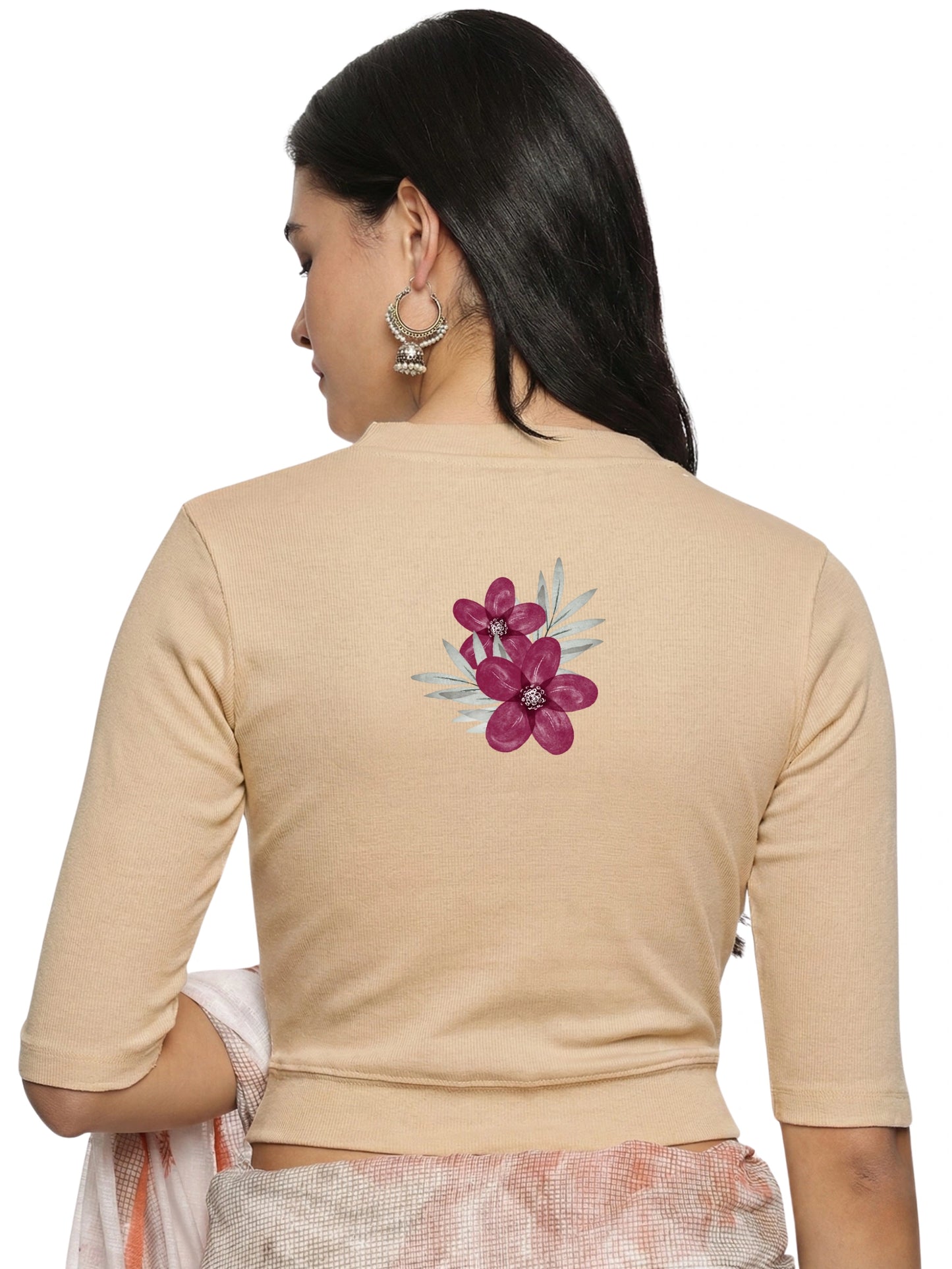 Women Back Printed Stretchable Elbow Sleeve RIB Blouse U0253 Chikoo