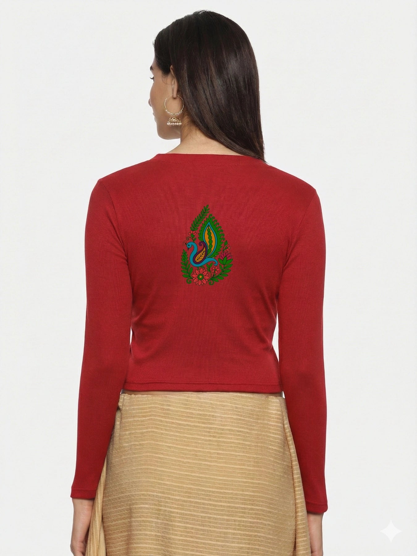 Women Back Printed Stretchable Full Sleeve V Neck RIB Blouse U0187 Red