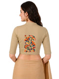 Women Mandarin Collar Back Printed Stretchable Elbow Sleeve Blouse U0270 Beige
