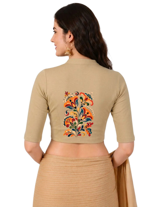 Women Mandarin Collar Back Printed Stretchable Elbow Sleeve Blouse U0270 Beige