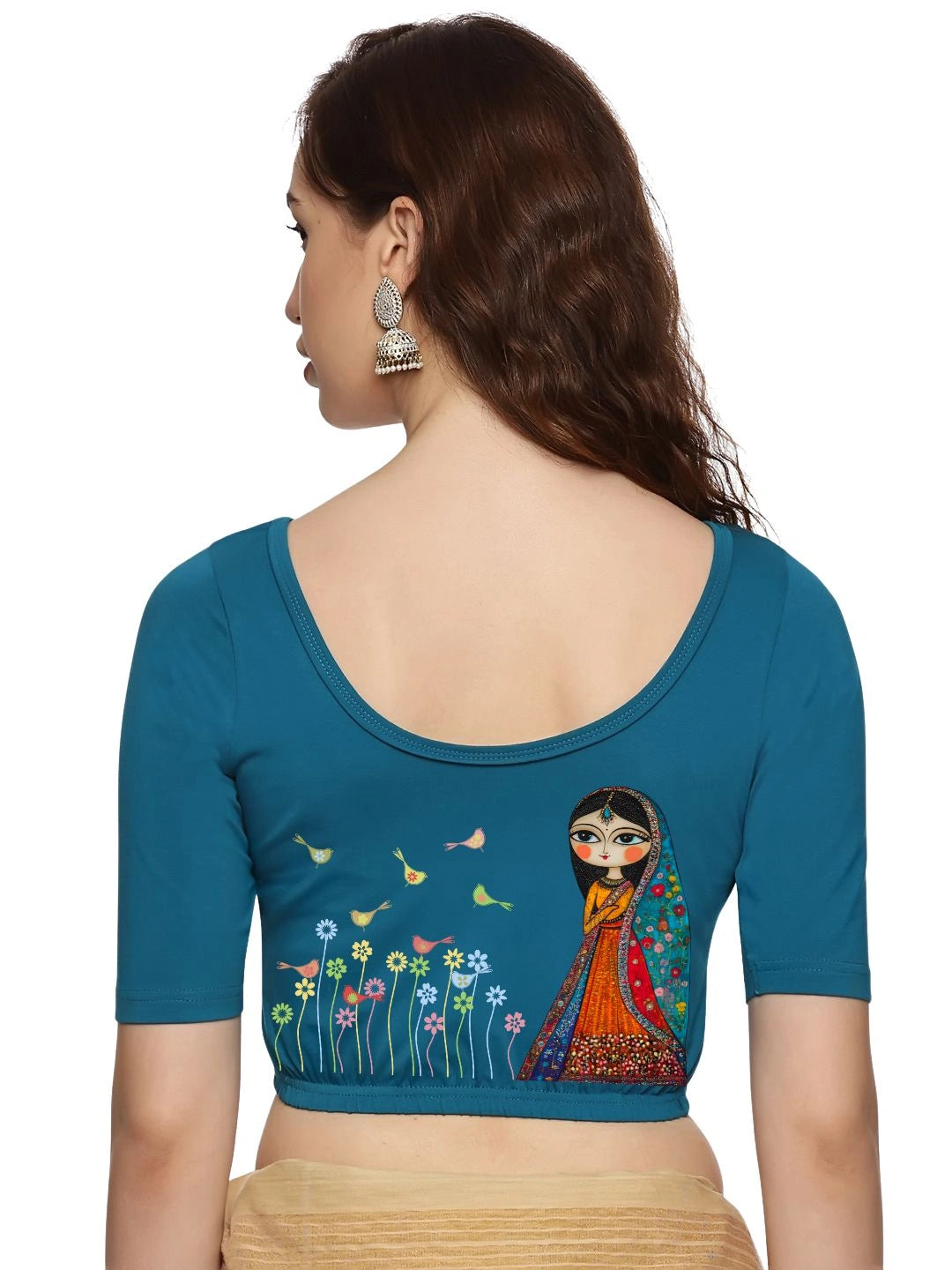 Women Back Printed Stretchable Half Sleeve Blouse U0223 Peacock