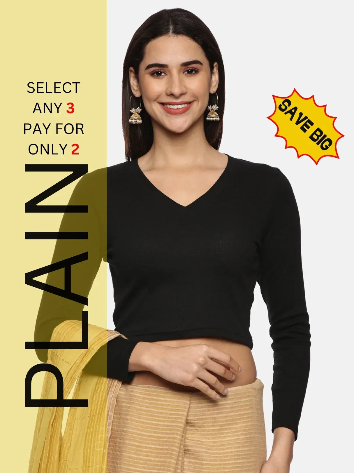 Women Plain Stretchable Full Sleeve V Neck RIB Blouse U0191 - notyetbyus