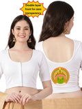 Women Front Open Back Printed Stretchable Half Sleeve Blouse U0263 White