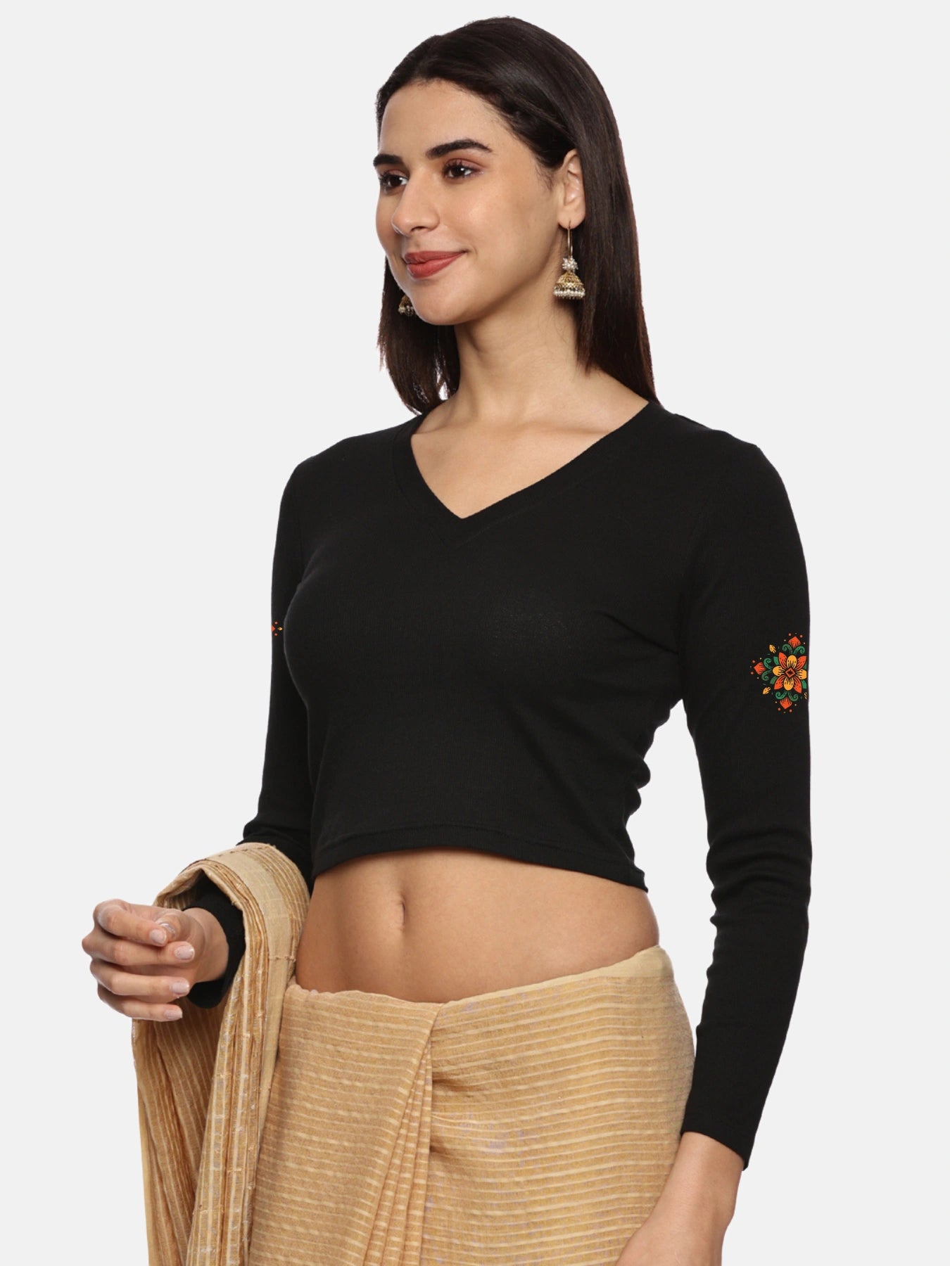 Women Back Printed Stretchable Full Sleeve V Neck RIB Blouse U0215 Black