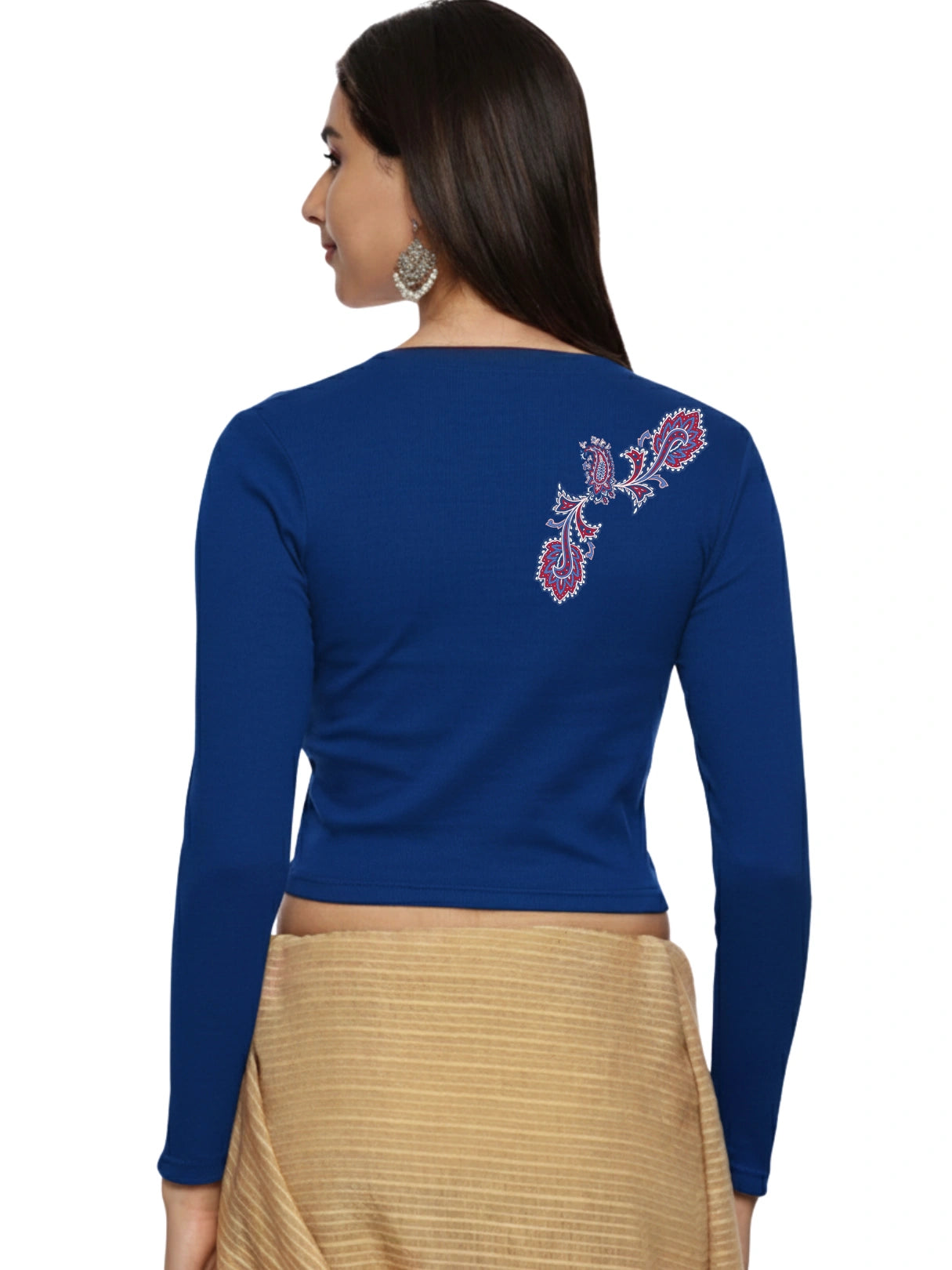Women Back Printed Stretchable Full Sleeve V Neck RIB Blouse U0217 Royal Blue