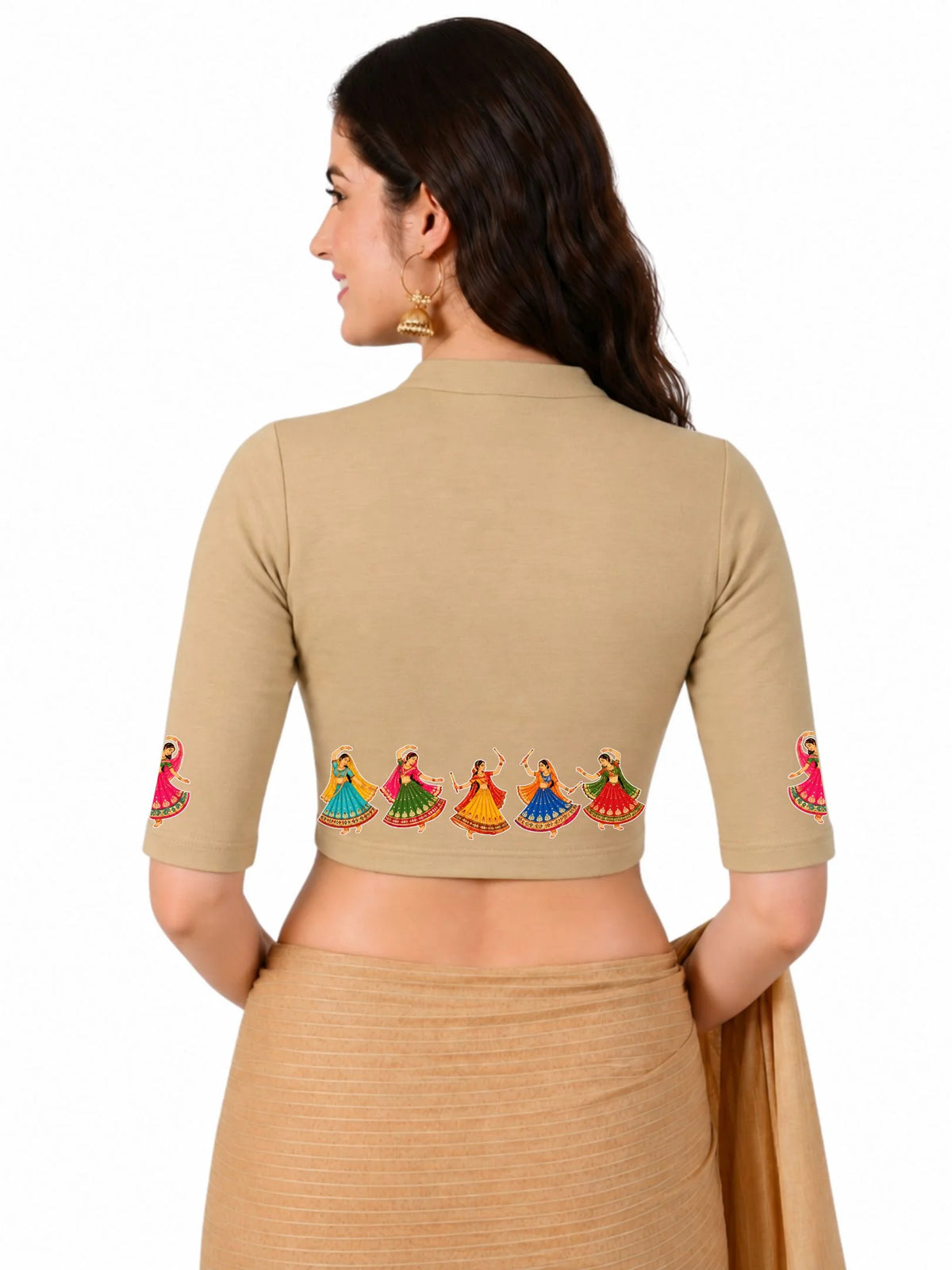 Women Mandarin Collar Back Printed Stretchable Elbow Sleeve Blouse U0281 Beige