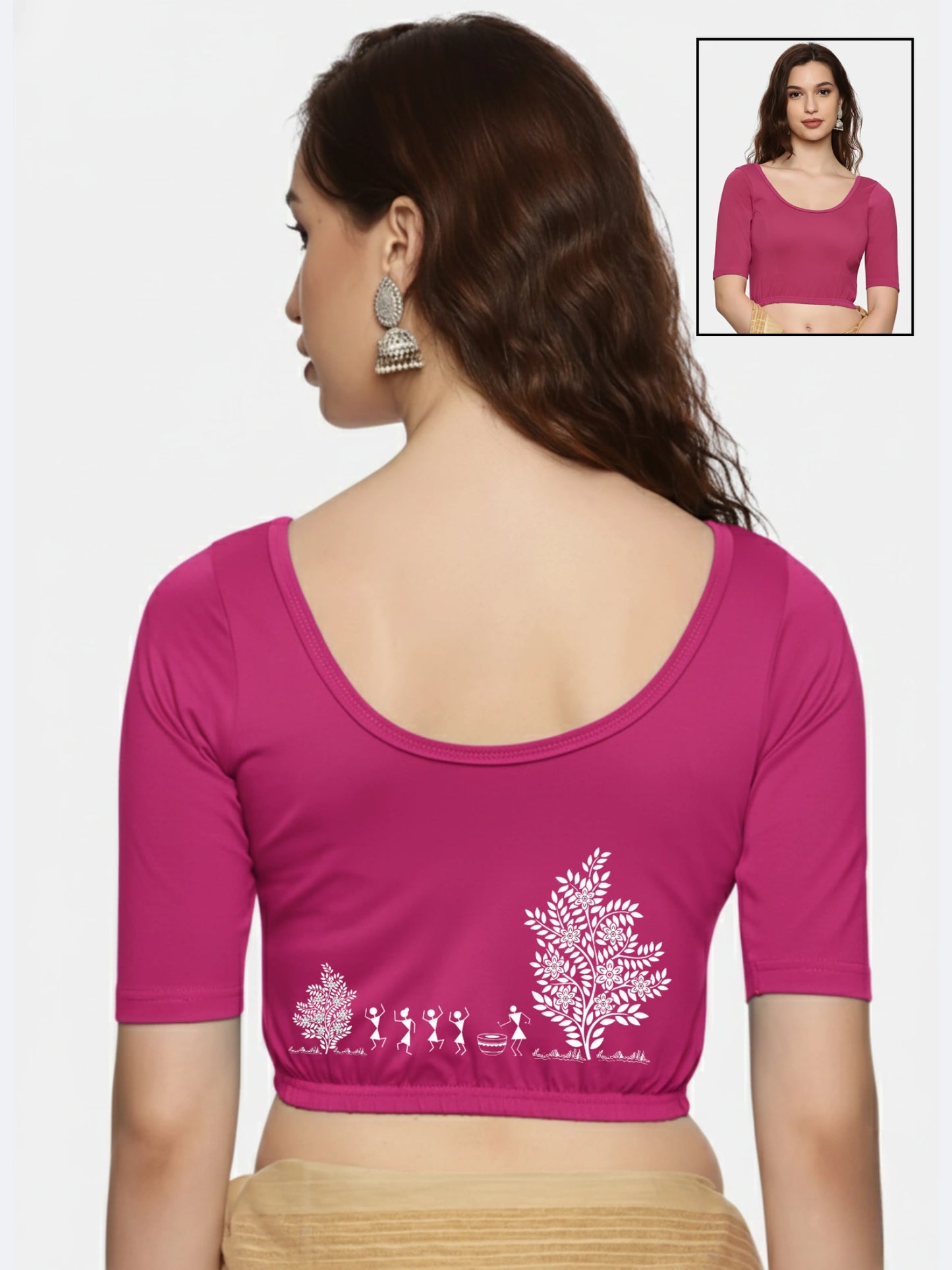 Women Back Printed Stretchable  Half Sleeve Blouse U0165 Rani Pink
