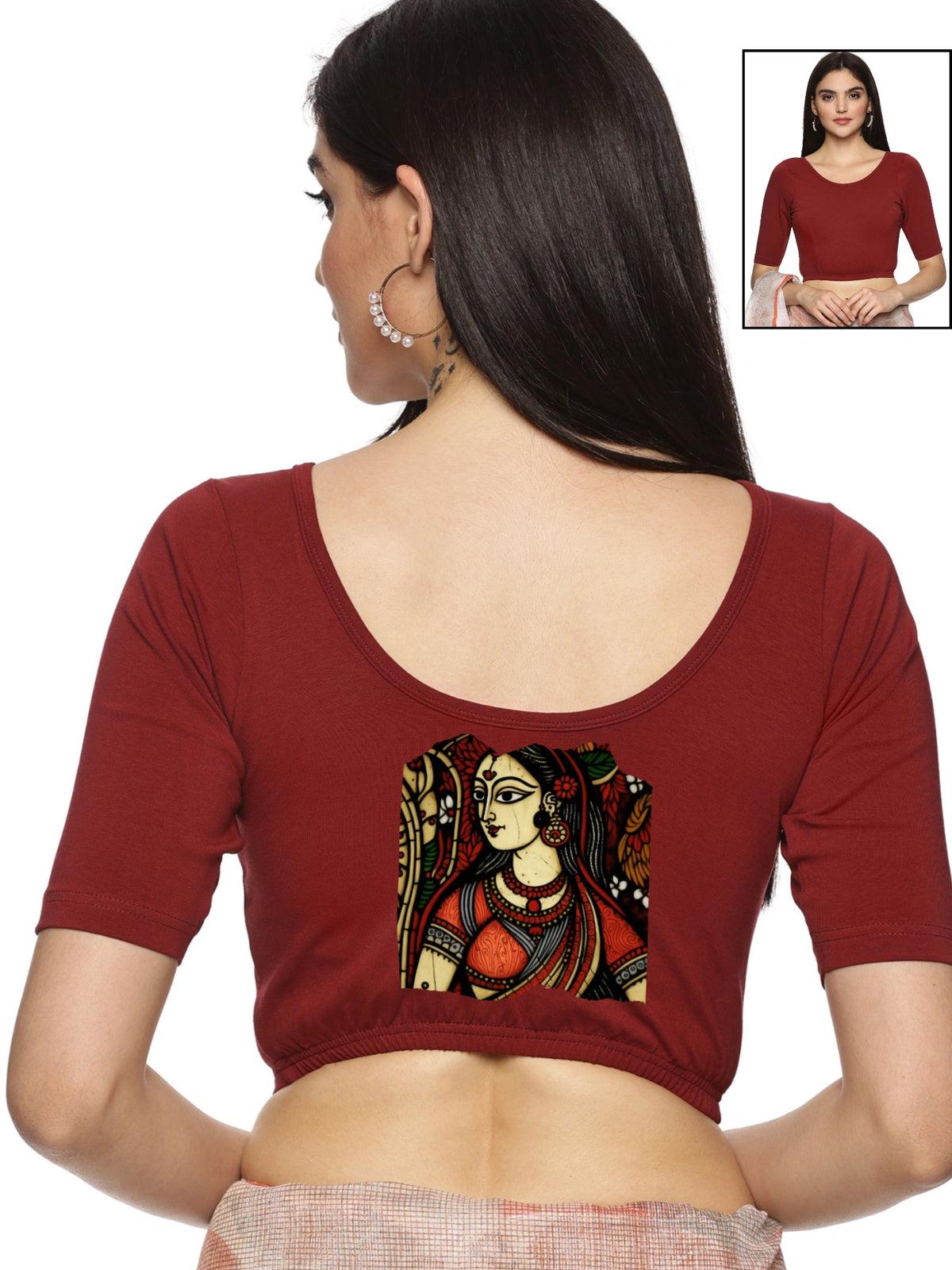 Women Back Printed Stretchable Half Sleeve Blouse U0162 Maroon