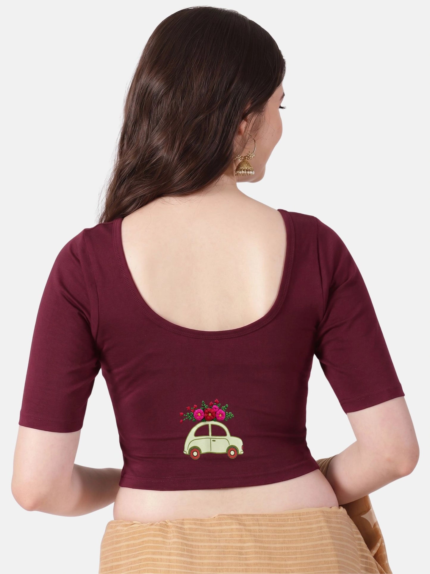 DIY Embroidery Kit with Women Front Open Stretchable Half Sleeve Blouse E013 – Maroon