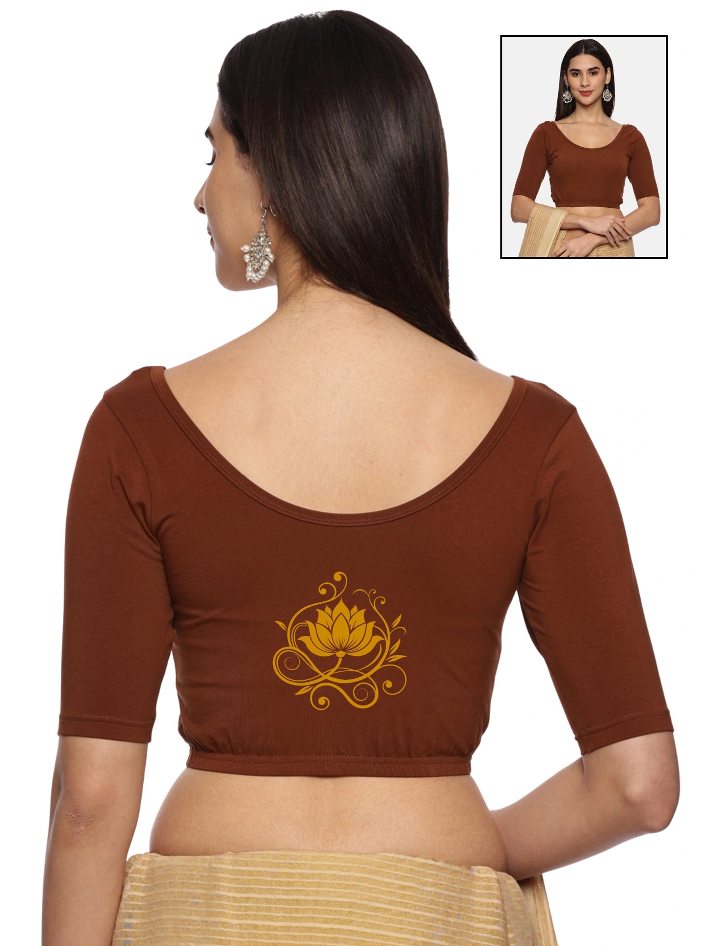 Women Back Printed Stretchable Half Sleeve Blouse U0195 Honey Brown