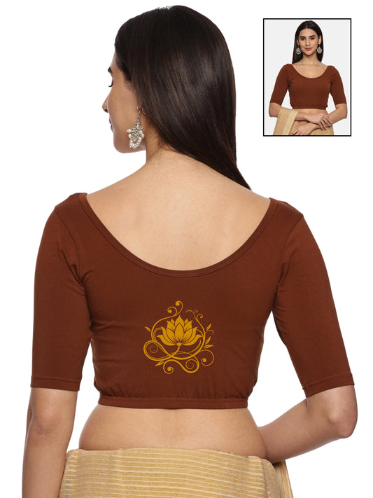 Women Back Printed Stretchable Half Sleeve Blouse U0195 Honey Brown